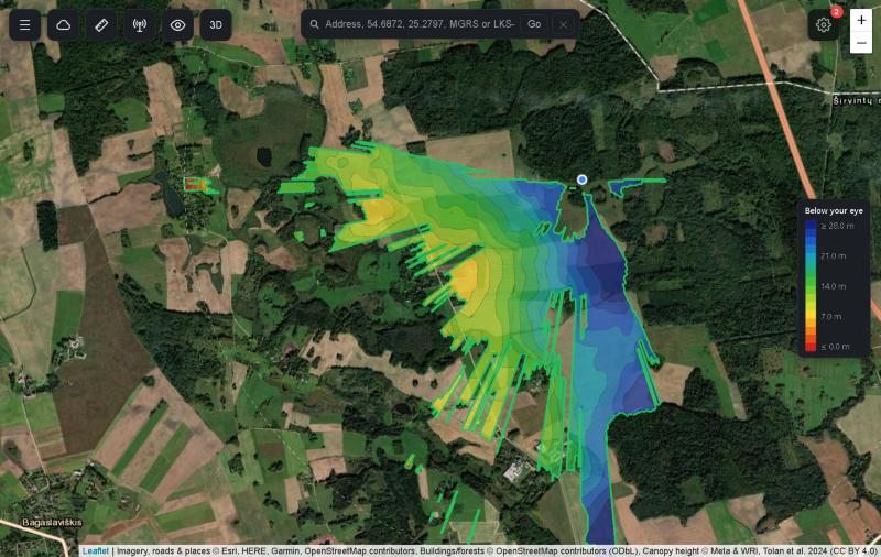 Viewshed from a 25 m mast in Lithuania: visible ground coloured by how far below the eye it is, cut off by forests
