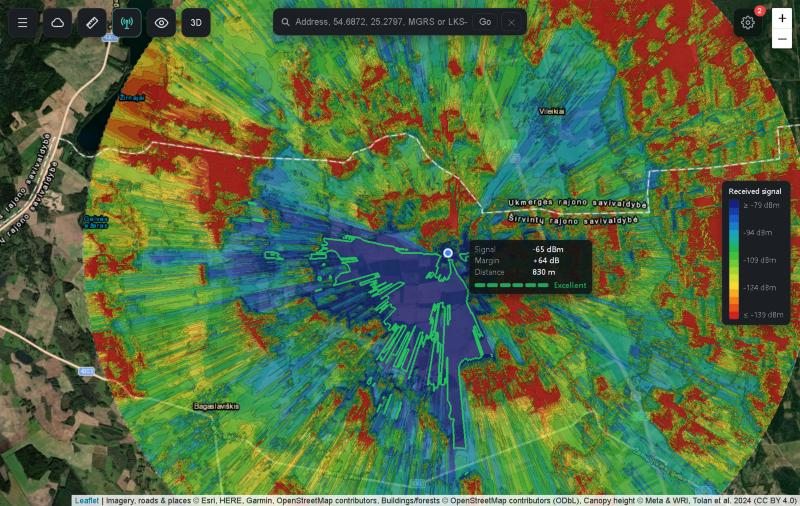 Radio coverage map at 868 MHz: received signal in dBm around a transmitter, with a read-out of signal, margin and distance